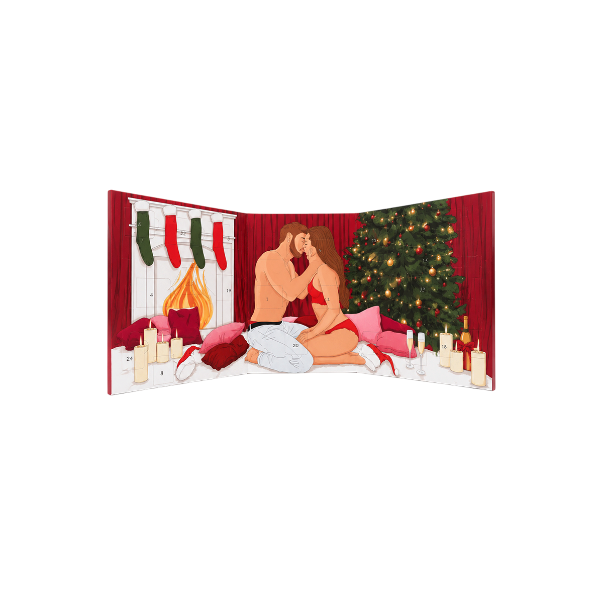 Calendrier de l'Avent Carta Sutra ouvert en carton, illustration couple, cheminee et sapin, 24 cases numerotees - Oh My God'Z
