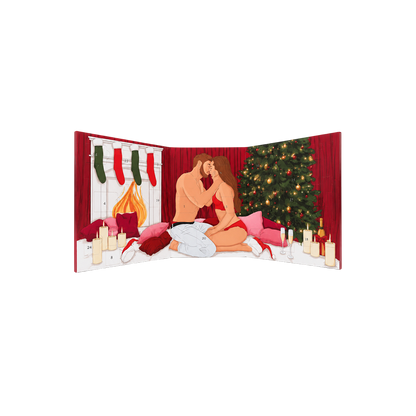 Calendrier de l'Avent Carta Sutra ouvert en carton, illustration couple, cheminee et sapin, 24 cases numerotees - Oh My God'Z