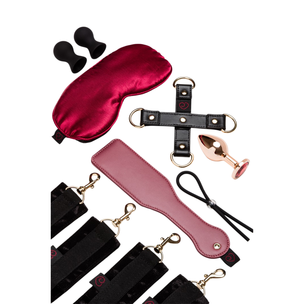 Accessoires bondage doux : masque satin rouge, menottes velours noir, paddle rose et plug bijou dore - Oh My God'Z