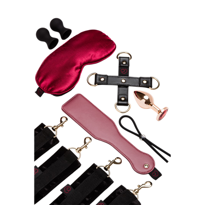 Accessoires bondage doux : masque satin rouge, menottes velours noir, paddle rose et plug bijou dore - Oh My God'Z