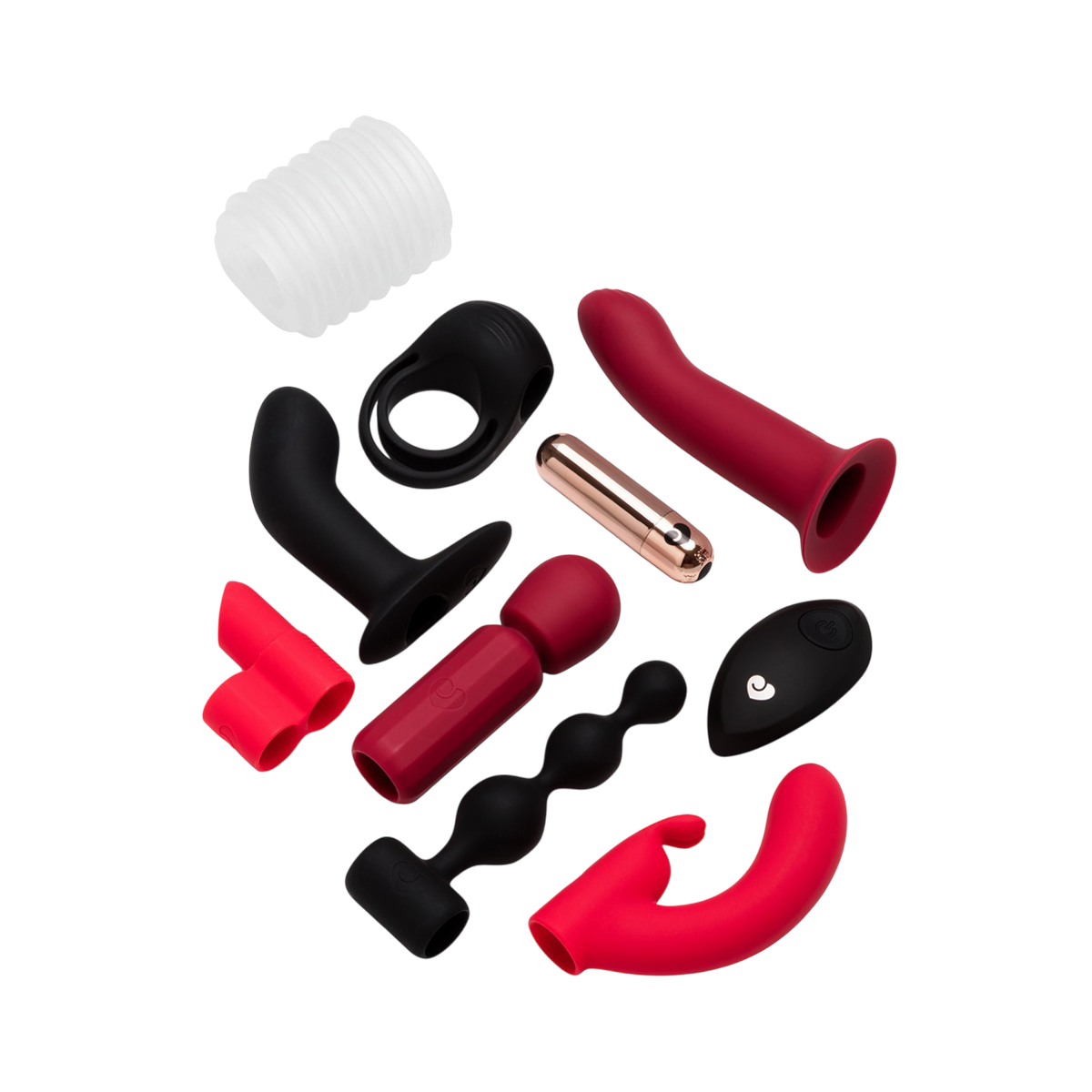 Lot de sextoys en silicone rouge et noir : anneau, plugs, bullet dore, gaine et vibromasseur wand - Oh My God'Z