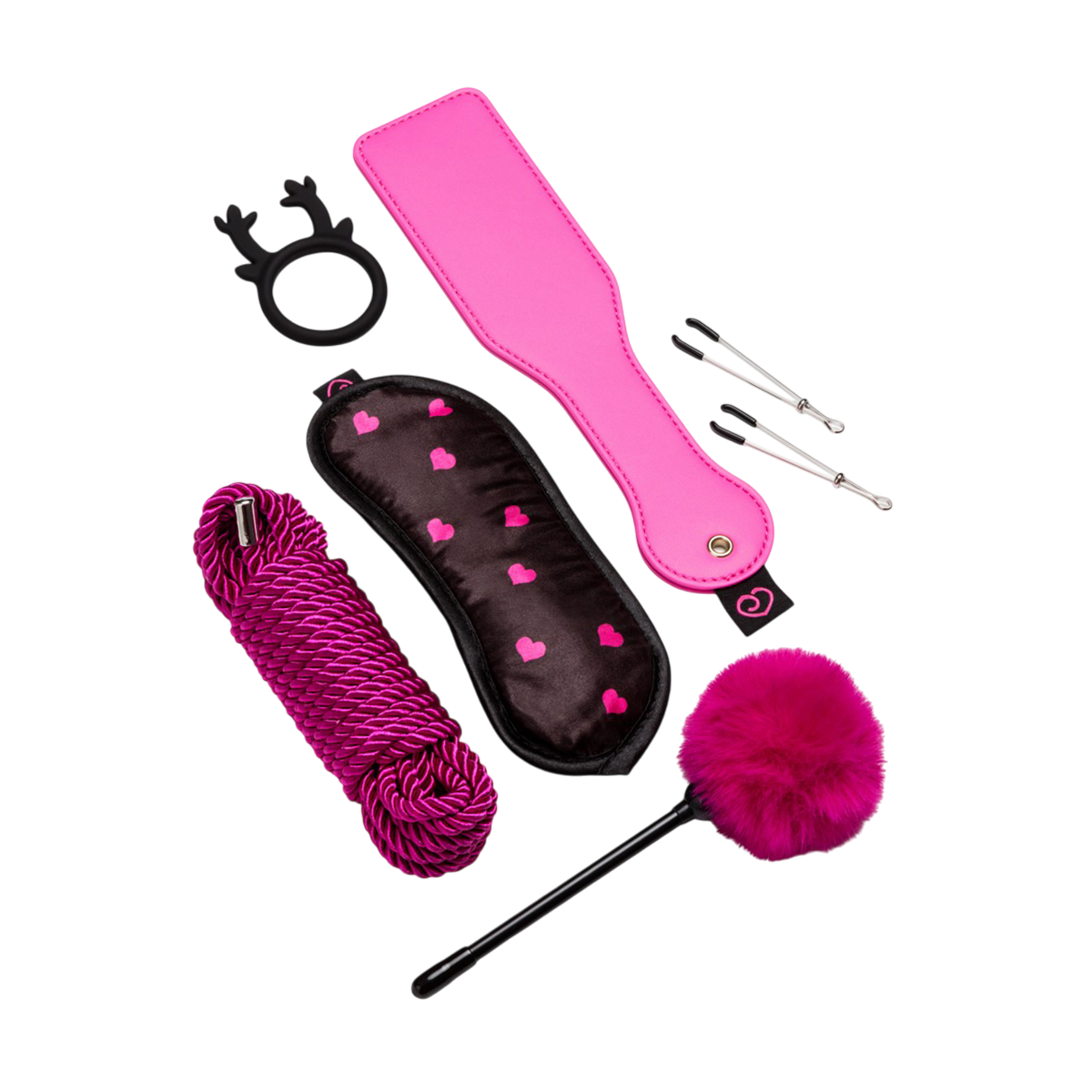 Accessoires bondage du calendrier : corde rose, masque satin a coeurs, tapette, plumeau et pinces a seins - Oh My God'Z