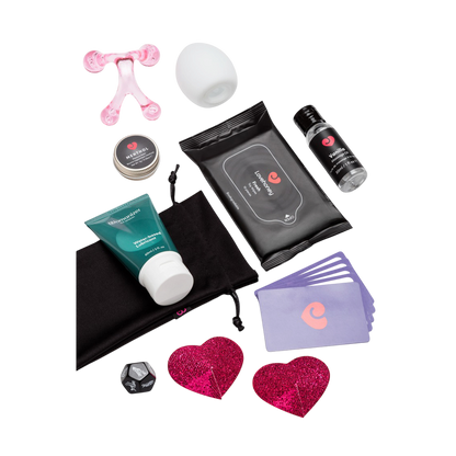 Lubrifiant Womanizer, huile vanille, baume menthol, lingettes, cartes de jeu, de et caches-tetons coeurs - Oh My God'Z