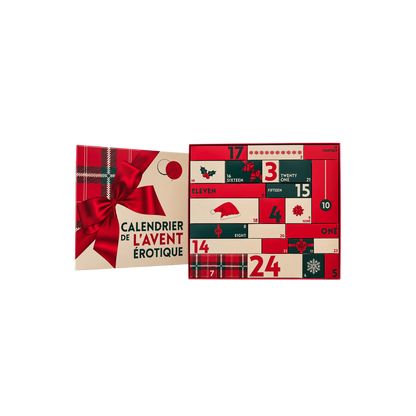 Calendrier de l'Avent erotique ouvert montrant ses 24 cases numerotees rouge, vert et beige - Oh My God'Z