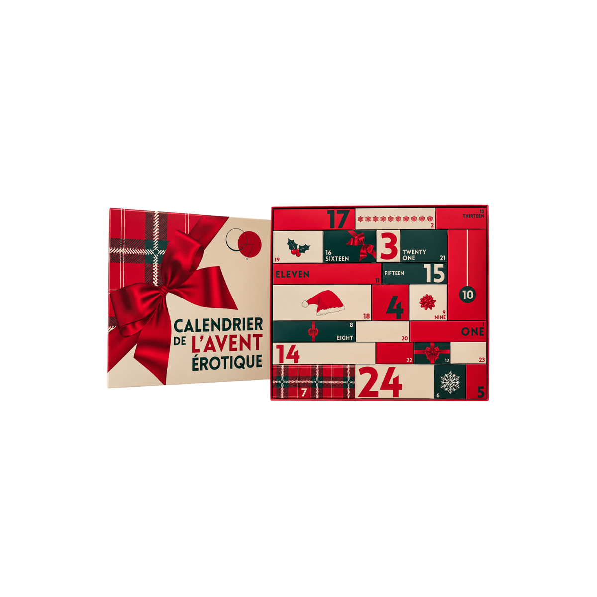 Calendrier de l'Avent erotique ouvert montrant les 24 cases numerotees rouges et vertes en carton - Oh My God'Z