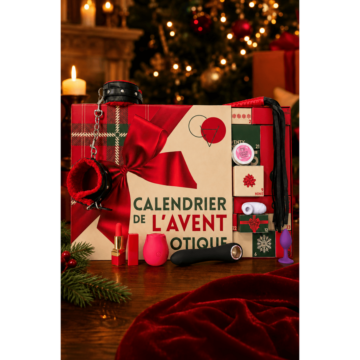 Calendrier de l'Avent erotique en ambiance Noel avec menottes fourrees, fouet noir et vibromasseur - Oh My God'Z
