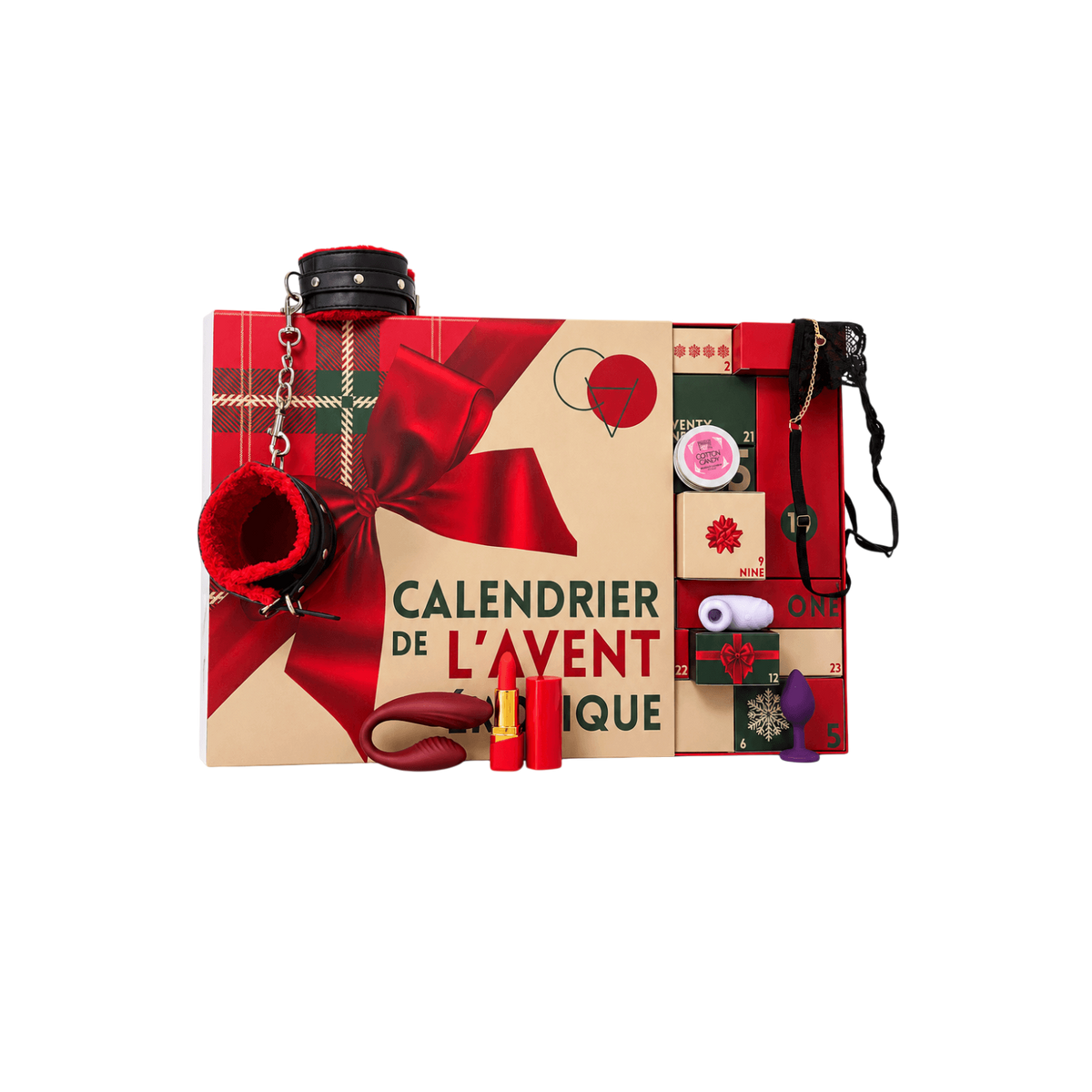 Coffret calendrier de l'Avent erotique rouge avec menottes fourrure rouge, plug violet et vibromasseur - Oh My God'Z