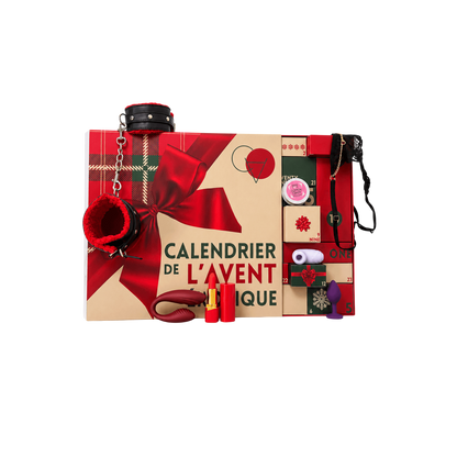 Coffret calendrier de l'Avent erotique rouge avec menottes fourrure rouge, plug violet et vibromasseur - Oh My God'Z