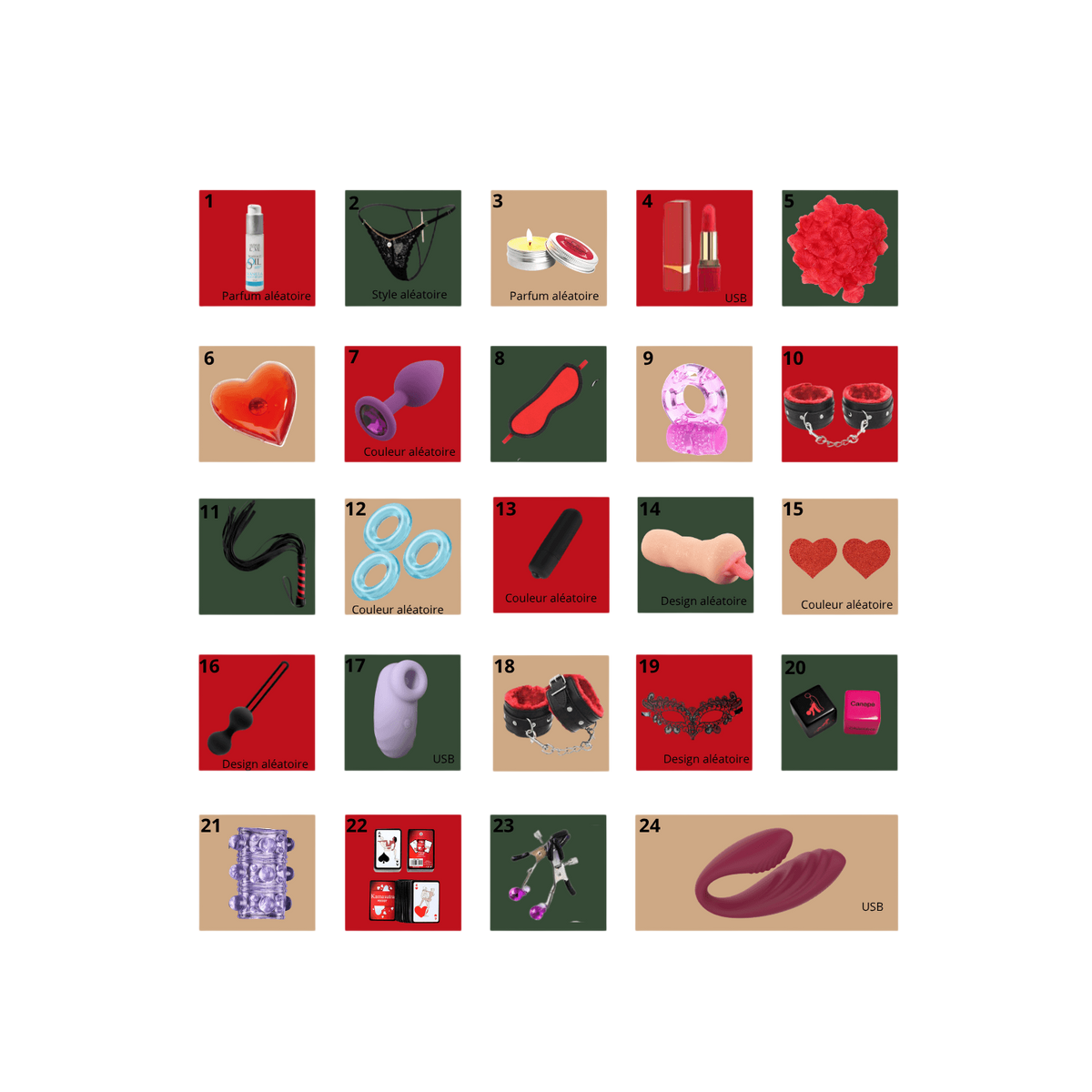 Planche des 24 surprises du calendrier de l'Avent erotique : sextoys, cosmetiques et accessoires - Oh My God'Z
