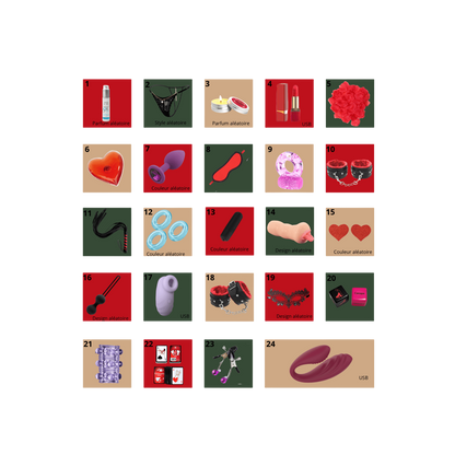 Planche des 24 surprises du calendrier de l'Avent erotique : sextoys, cosmetiques et accessoires - Oh My God'Z
