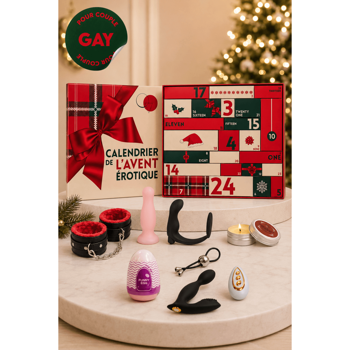 Calendrier de l'Avent erotique couple gay ouvert avec plug rose, cockring noir, menottes et bougie - Oh My God'Z