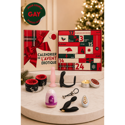 Calendrier de l'Avent erotique couple gay ouvert avec plug rose, cockring noir, menottes et bougie - Oh My God'Z