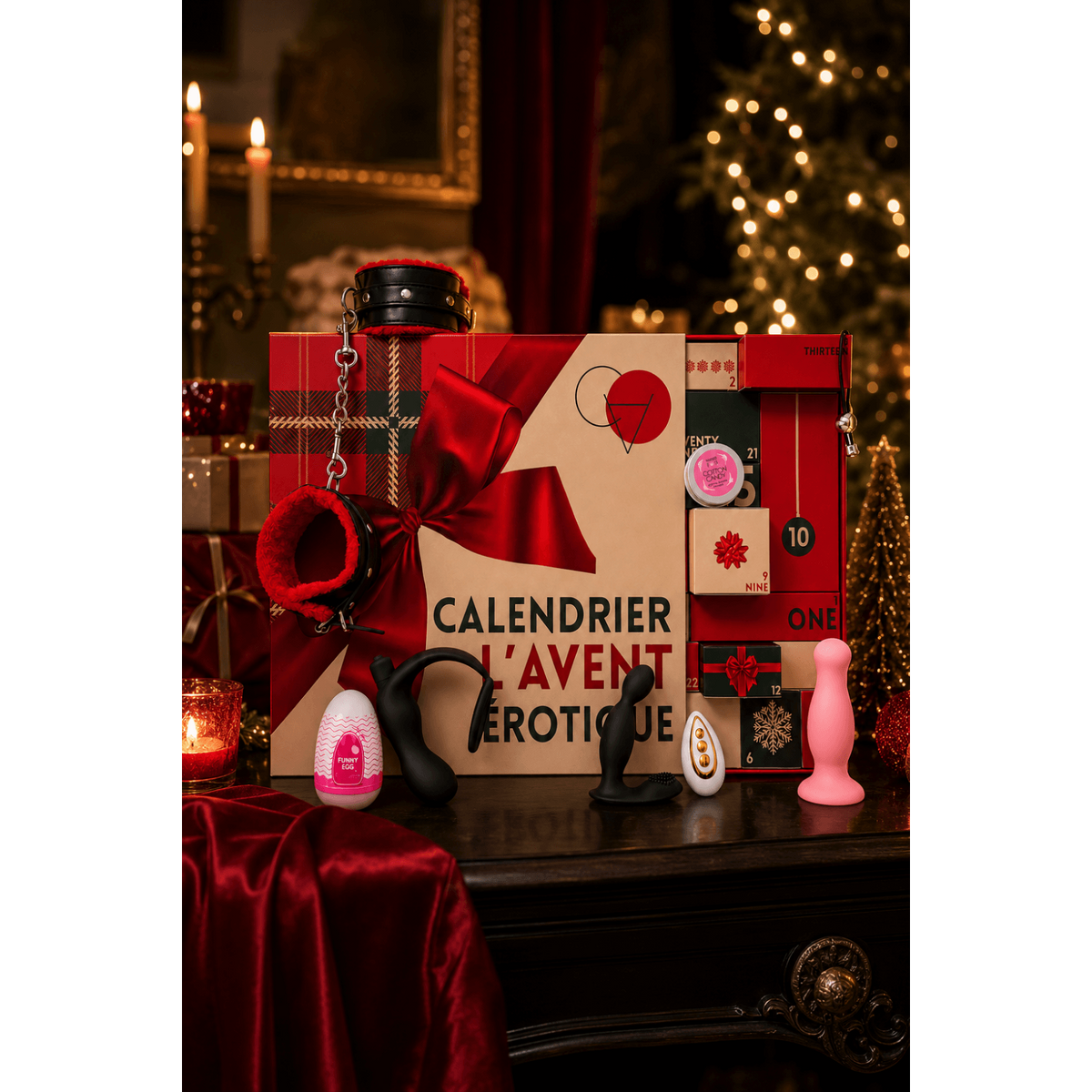 Calendrier de l'Avent erotique gay en ambiance Noel avec menottes rouges, oeuf masturbateur et plug rose - Oh My God'Z