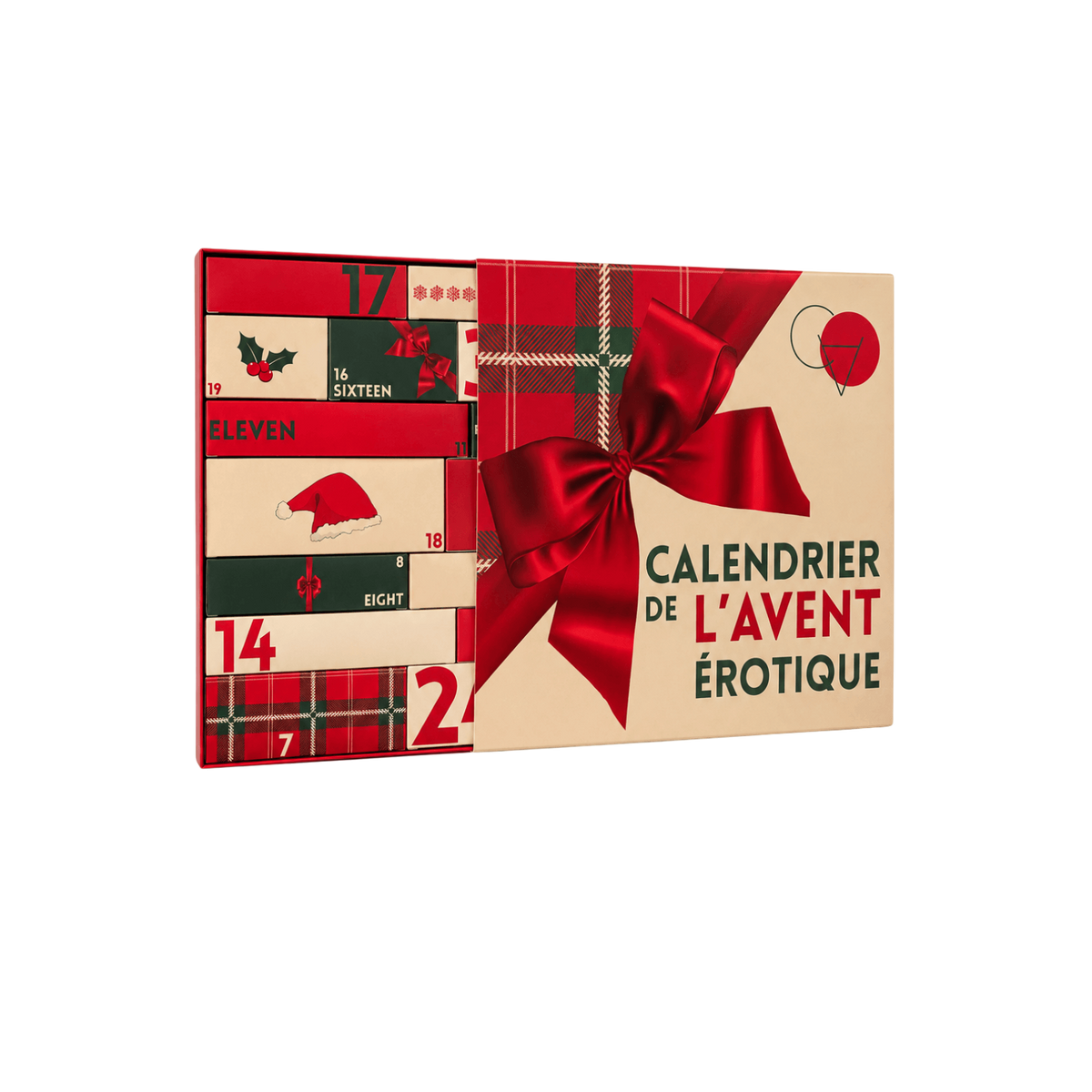 Calendrier de l'Avent erotique entrouvert, packaging carton rouge et beige a noeud satin et cases numerotees - Oh My God'Z