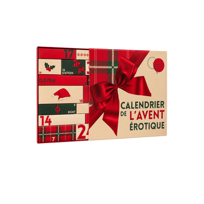 Calendrier de l'Avent erotique entrouvert, packaging carton rouge et beige a noeud satin et cases numerotees - Oh My God'Z