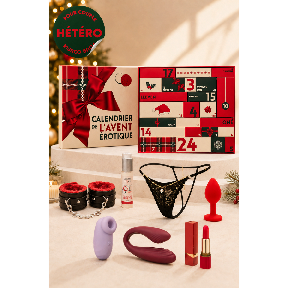 Calendrier de l'Avent erotique rouge et beige ouvert avec sextoys, string dentelle noire et menottes - Oh My God'Z