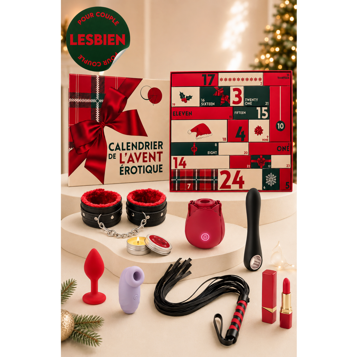 Calendrier de l'Avent erotique lesbien ouvert avec menottes, fouet, plug rouge et stimulateur rose - Oh My God'Z