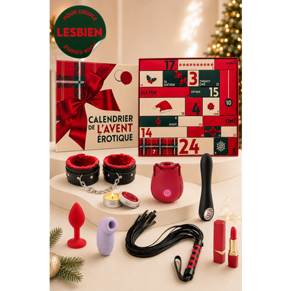 Calendrier de l'Avent erotique lesbien ouvert avec menottes, fouet, plug rouge et stimulateur rose - Oh My God'Z
