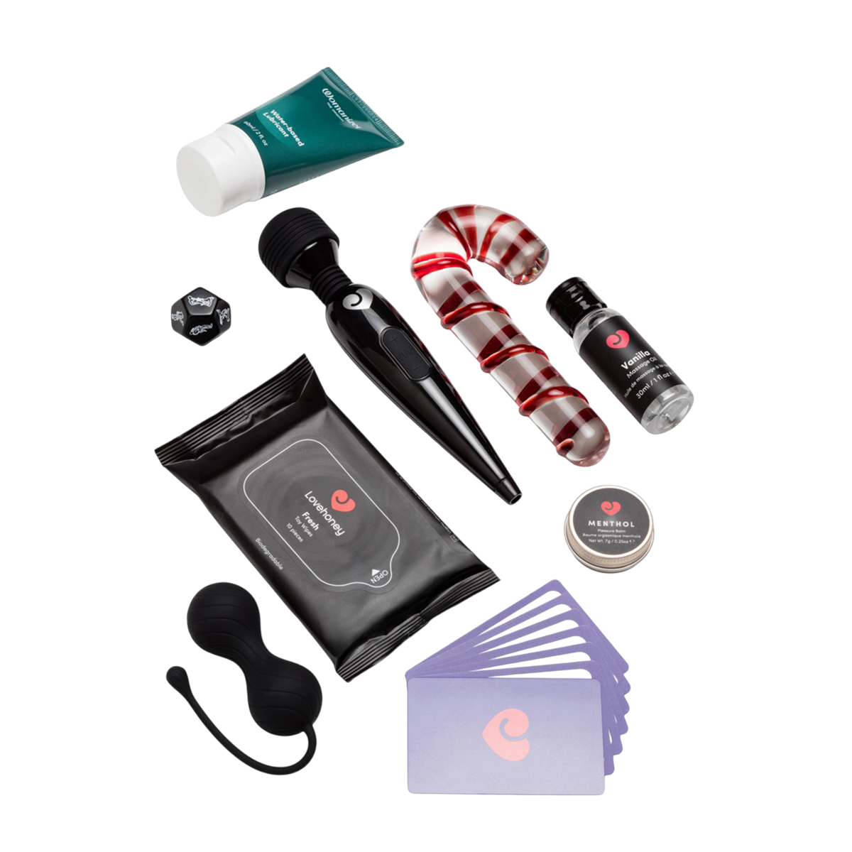Accessoires du calendrier Avent Luxury : wand noir, dildo verre canne de Noel, lubrifiant, baume et cartes - Oh My God'Z