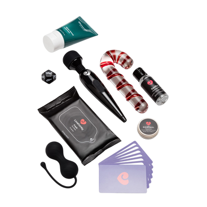 Accessoires du calendrier Avent Luxury : wand noir, dildo verre canne de Noel, lubrifiant, baume et cartes - Oh My God'Z