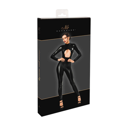Boite d'emballage Noir Handmade presentant la combinaison catsuit noire wetlook a ouverture poitrine - Oh My God'Z