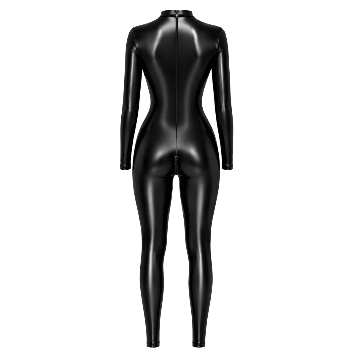 Combinaison catsuit noire brillante wetlook vue de dos avec long zip dorsal et entrejambe zippe - Oh My God'Z
