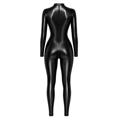 Combinaison catsuit noire brillante wetlook vue de dos avec long zip dorsal et entrejambe zippe - Oh My God'Z