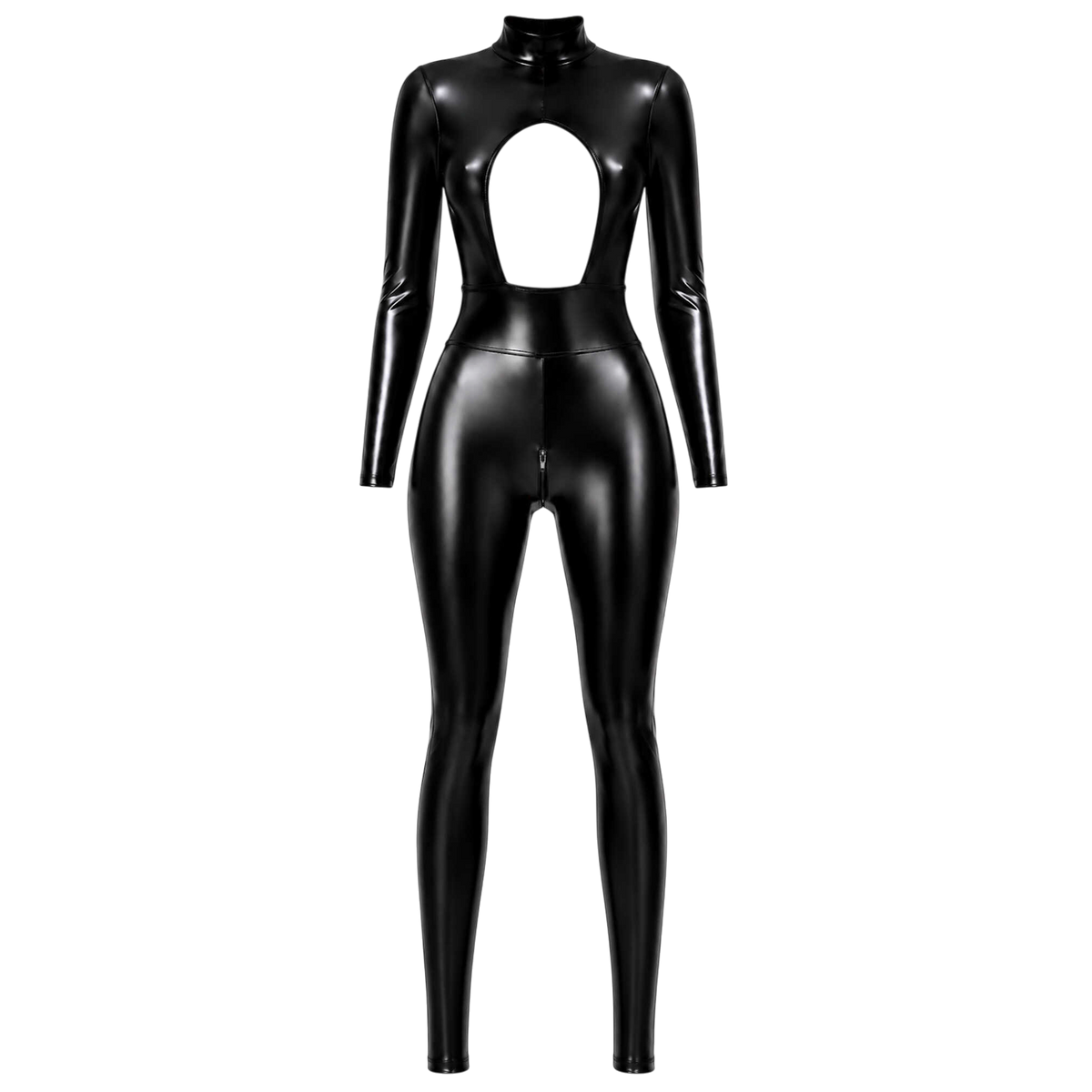 Combinaison catsuit noire wetlook presentee a plat de face, decoupe poitrine et zip entrejambe - Oh My God'Z