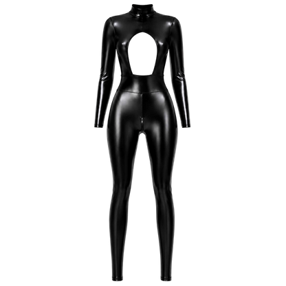 Combinaison catsuit noire wetlook presentee a plat de face, decoupe poitrine et zip entrejambe - Oh My God'Z