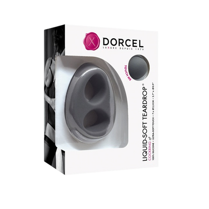 Boite d'emballage du cockring Liquid-Soft Teardrop Dorcel gris en silicone, packaging noir et blanc - Oh My God'Z
