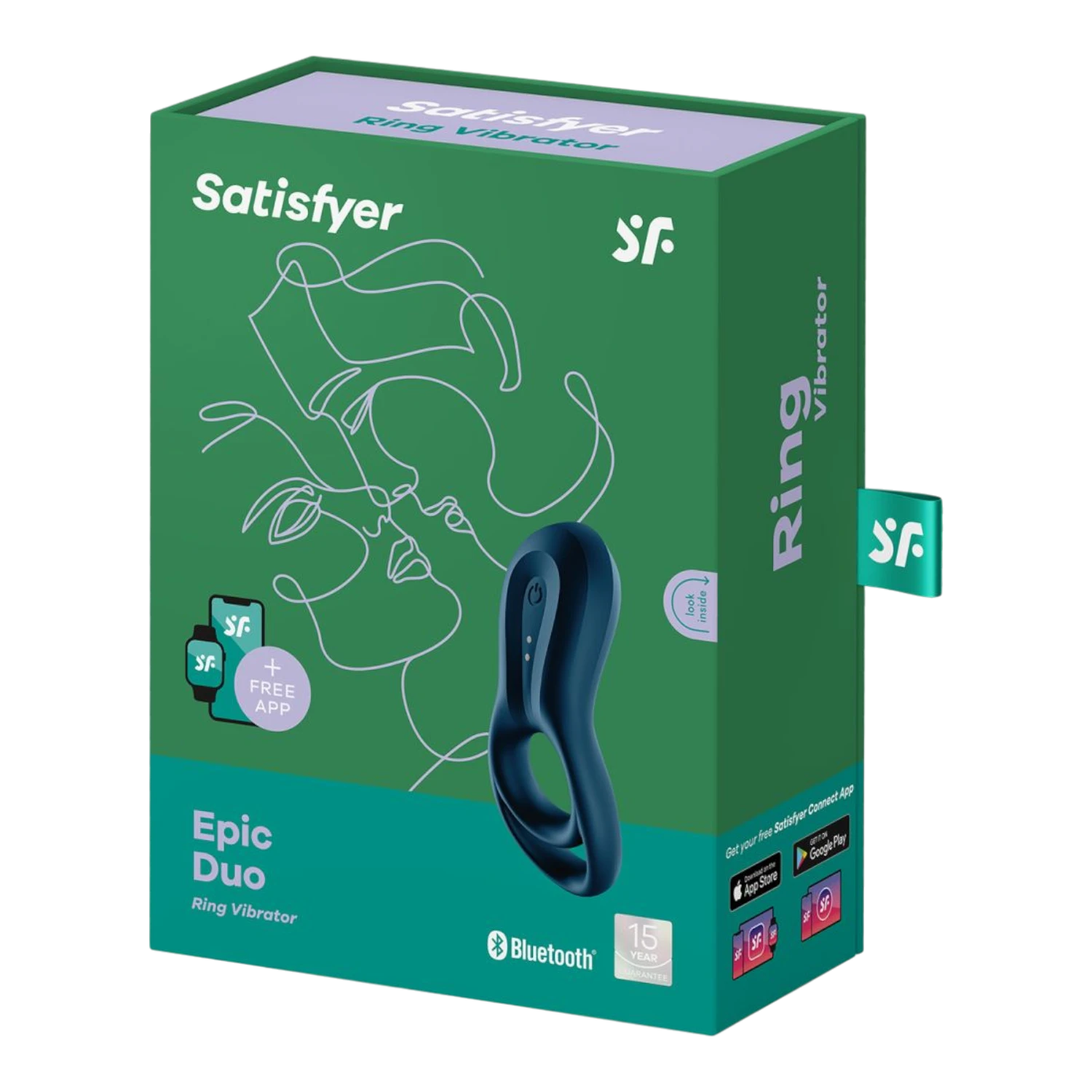 Packaging vert du cockring Satisfyer Epic Duo avec produit visible, compatible application Bluetooth - Oh My God'Z