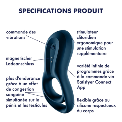 Schéma technique cockring Satisfyer Epic Duo noir avec descriptif des fonctionnalités en français - Oh My God'Z