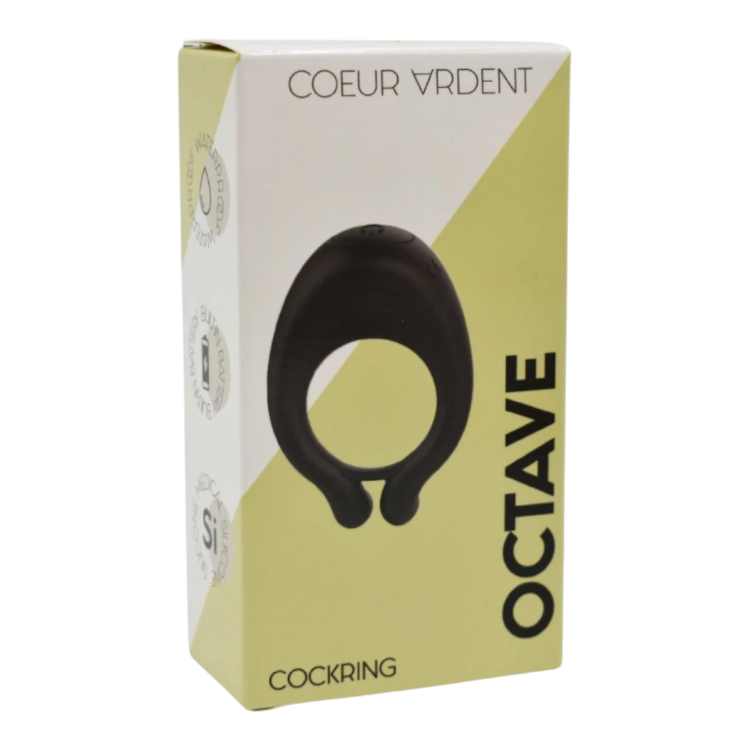 Packaging cockring Octave Coeur Ardent fond blanc et jaune avec visuel du produit noir - Oh My God'Z