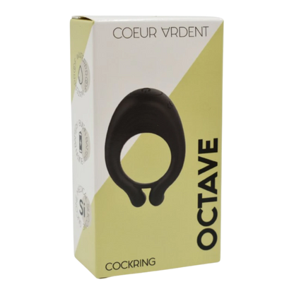 Packaging cockring Octave Coeur Ardent fond blanc et jaune avec visuel du produit noir - Oh My God'Z