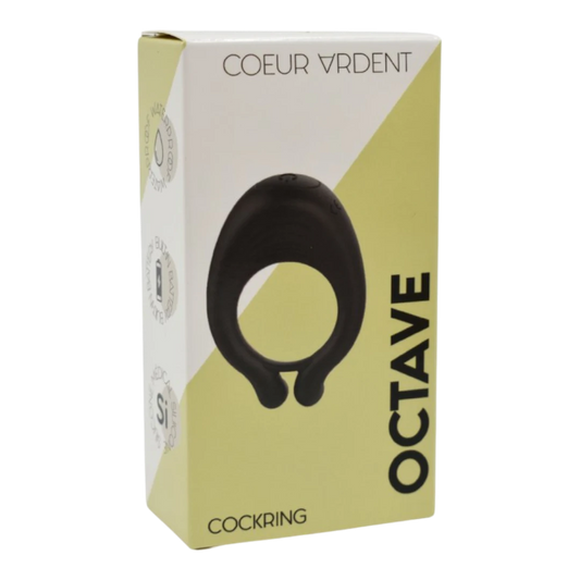 Packaging cockring Octave Coeur Ardent fond blanc et jaune avec visuel du produit noir - Oh My God'Z