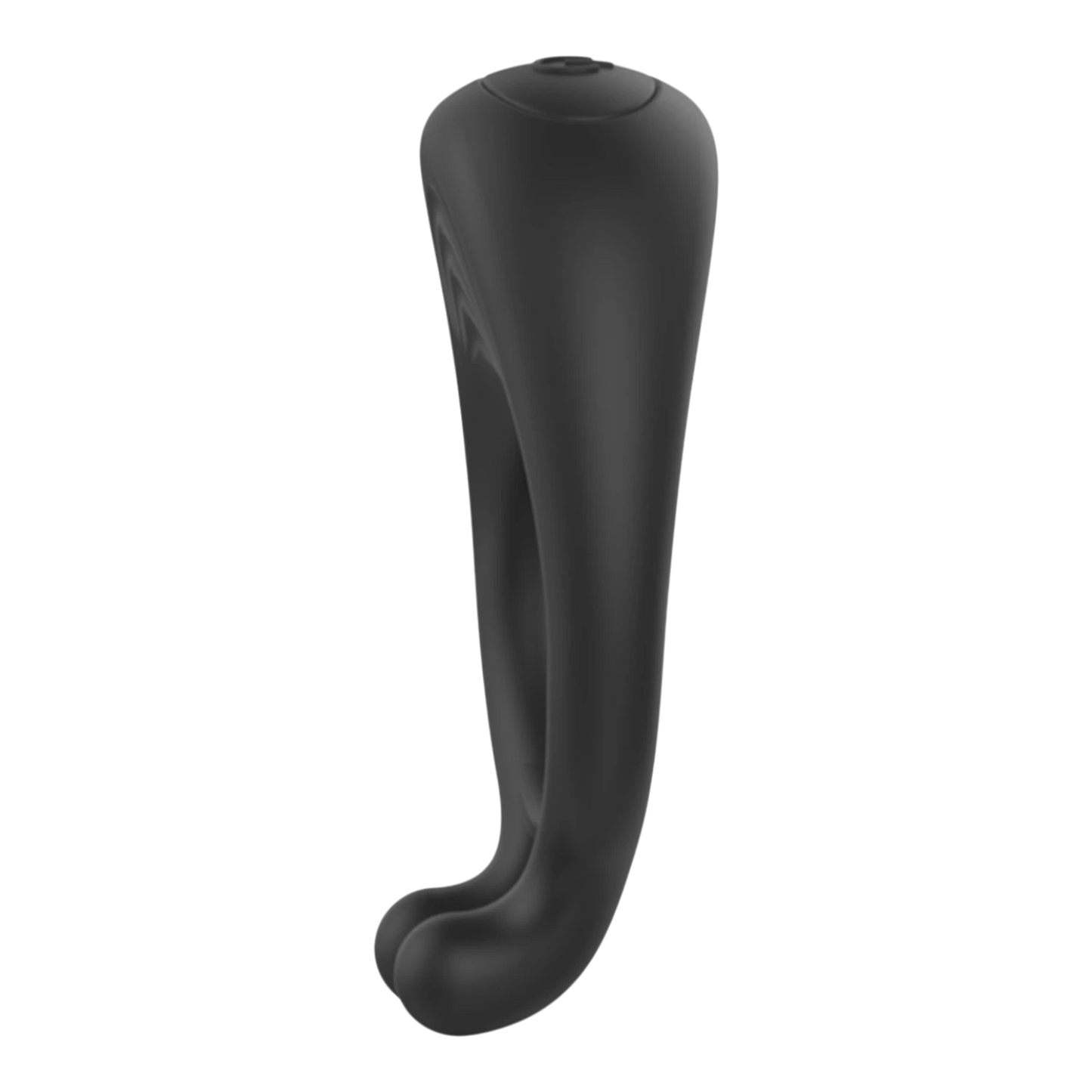 Vue allongée du cockring vibrant Octave noir en silicone montrant sa forme anatomique et bouton - Oh My God'Z