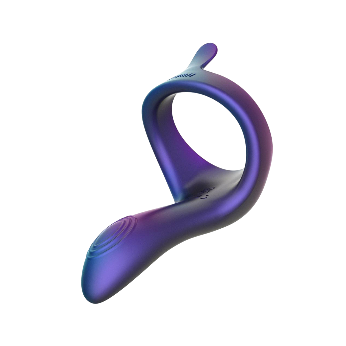 Anneau penien vibrant Solar Hueman en silicone bleu violet, bras stimulateur perineal incurve visible - Oh My God'Z