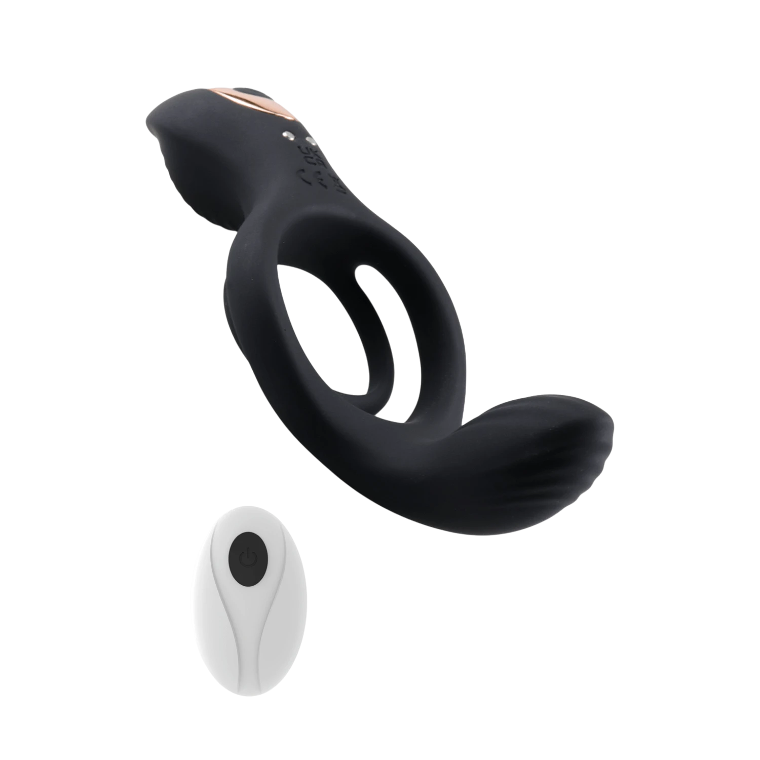 Cockring Titan noir en silicone avec telecommande ovale blanche, vue de profil - Oh My God'Z