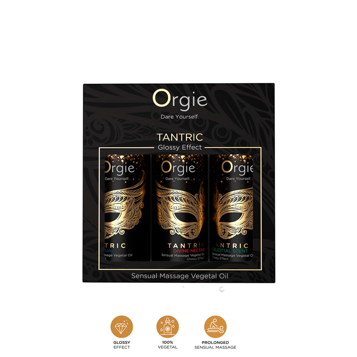Coffret noir et dore Orgie Tantric Collection avec 3 huiles de massage sensuel 30 ml, effet brillant - Oh My God'Z