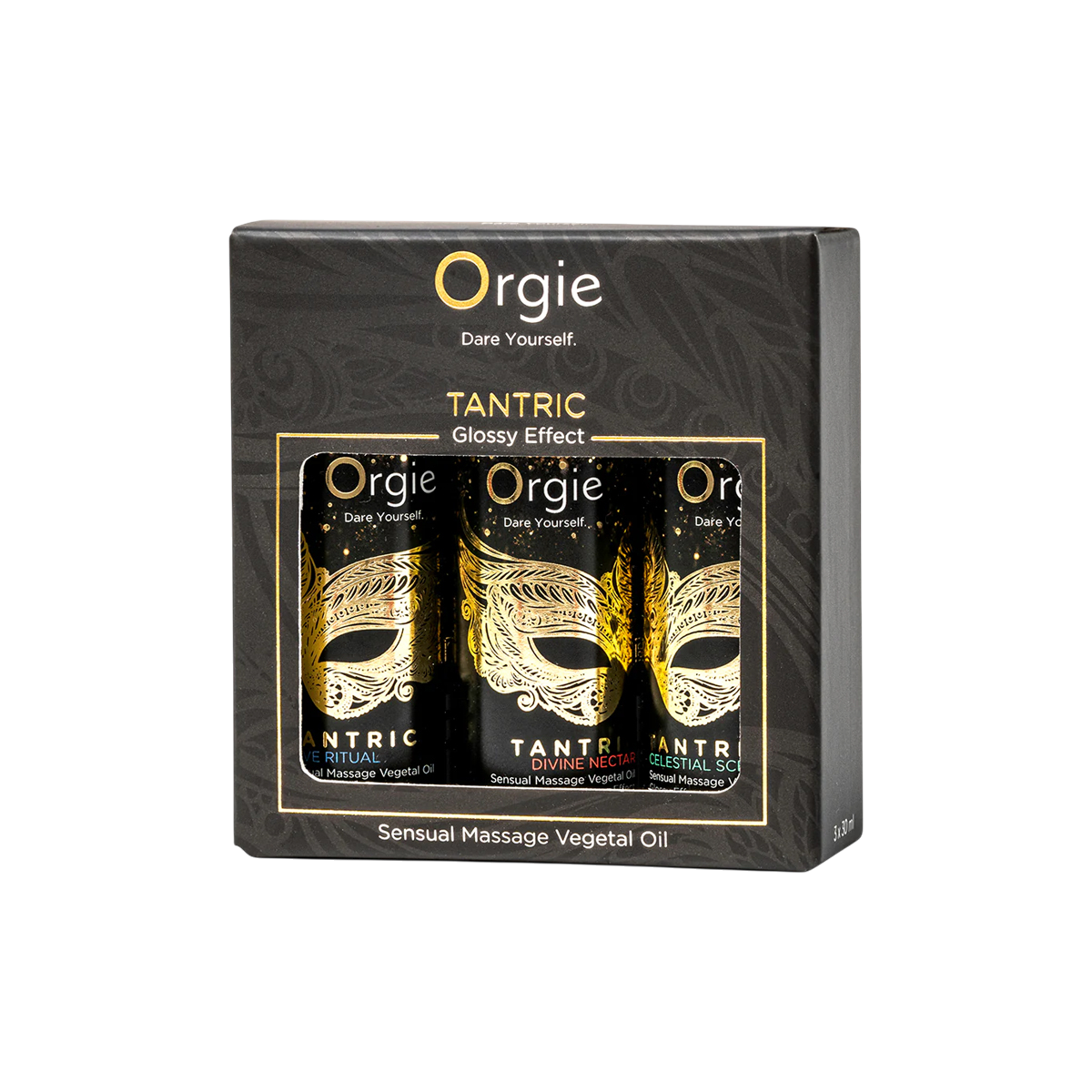 Boite cartonnee noire et doree du coffret Orgie Tantric avec trois flacons d'huile de massage vegetale - Oh My God'Z