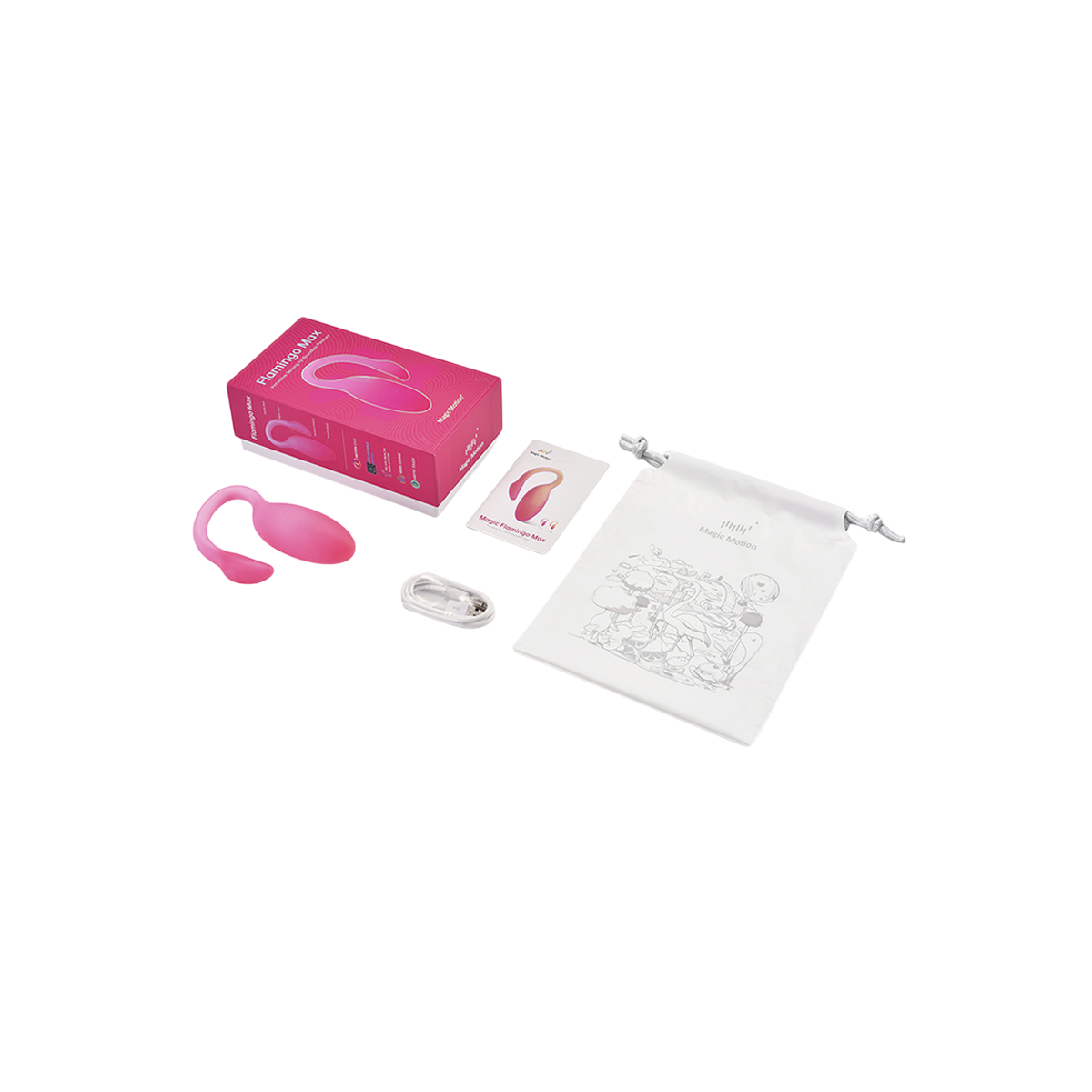 Contenu du coffret Flamingo Max rose Magic Motion : stimulateur silicone, cable USB, notice et pochette - Oh My God'Z