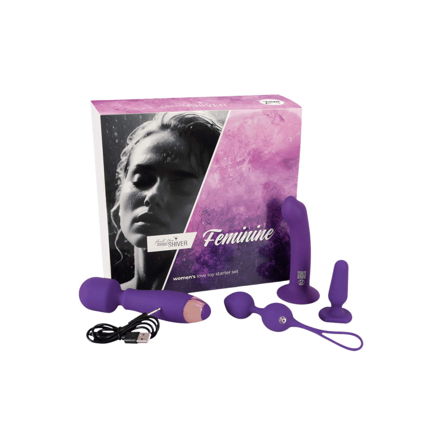 Ensemble complet Magic Shiver pour femme : 4 sextoys rechargeables et accessoires en silicone doux