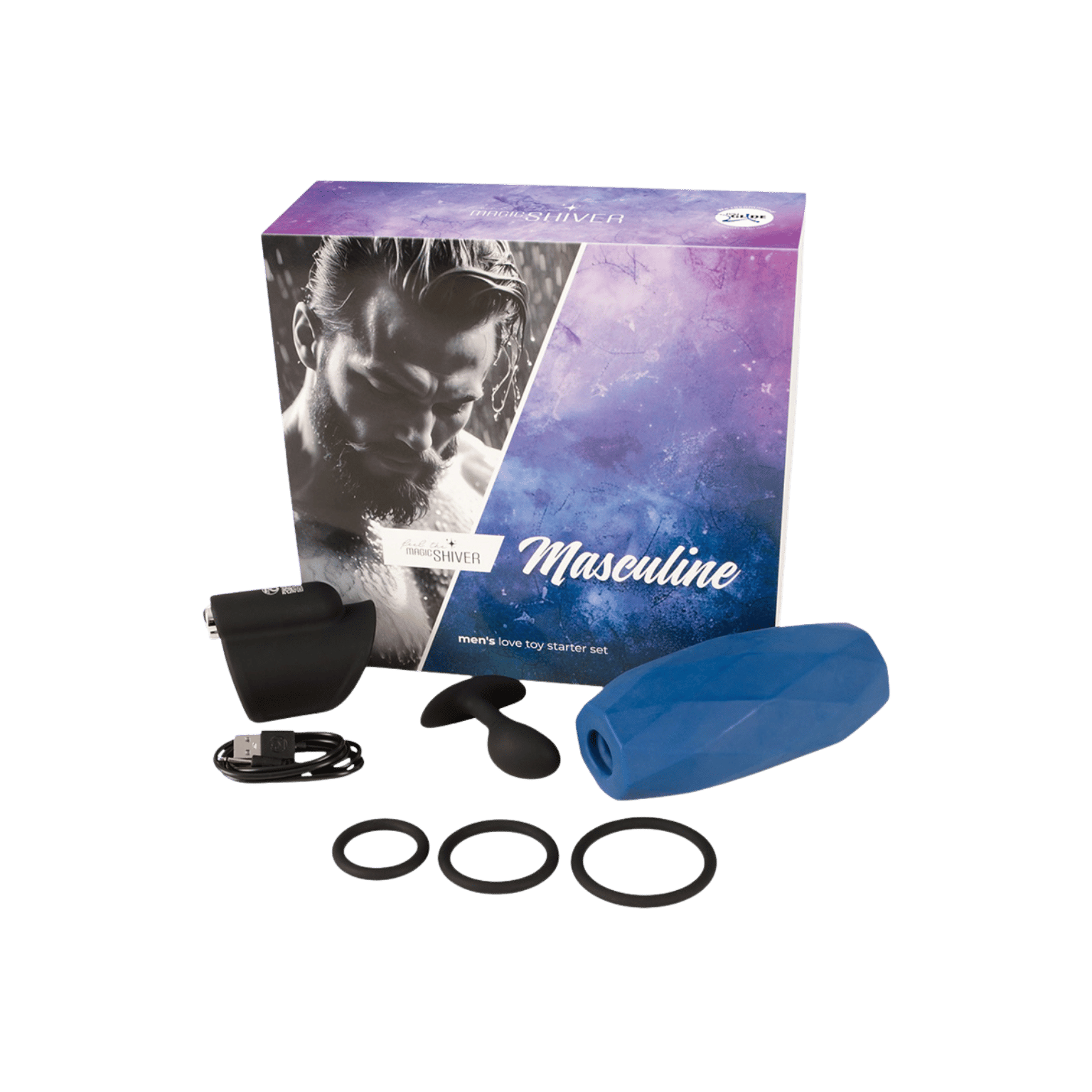 Ensemble complet Magic Shiver Masculine : masturbateur vibrant, plug anal, cockrings et manchon bleu