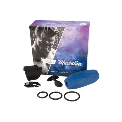 Ensemble complet Magic Shiver Masculine : masturbateur vibrant, plug anal, cockrings et manchon bleu