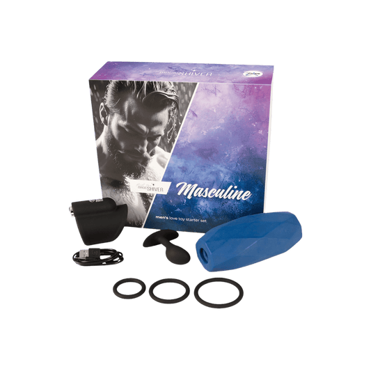 Ensemble complet Magic Shiver Masculine : masturbateur vibrant, plug anal, cockrings et manchon bleu