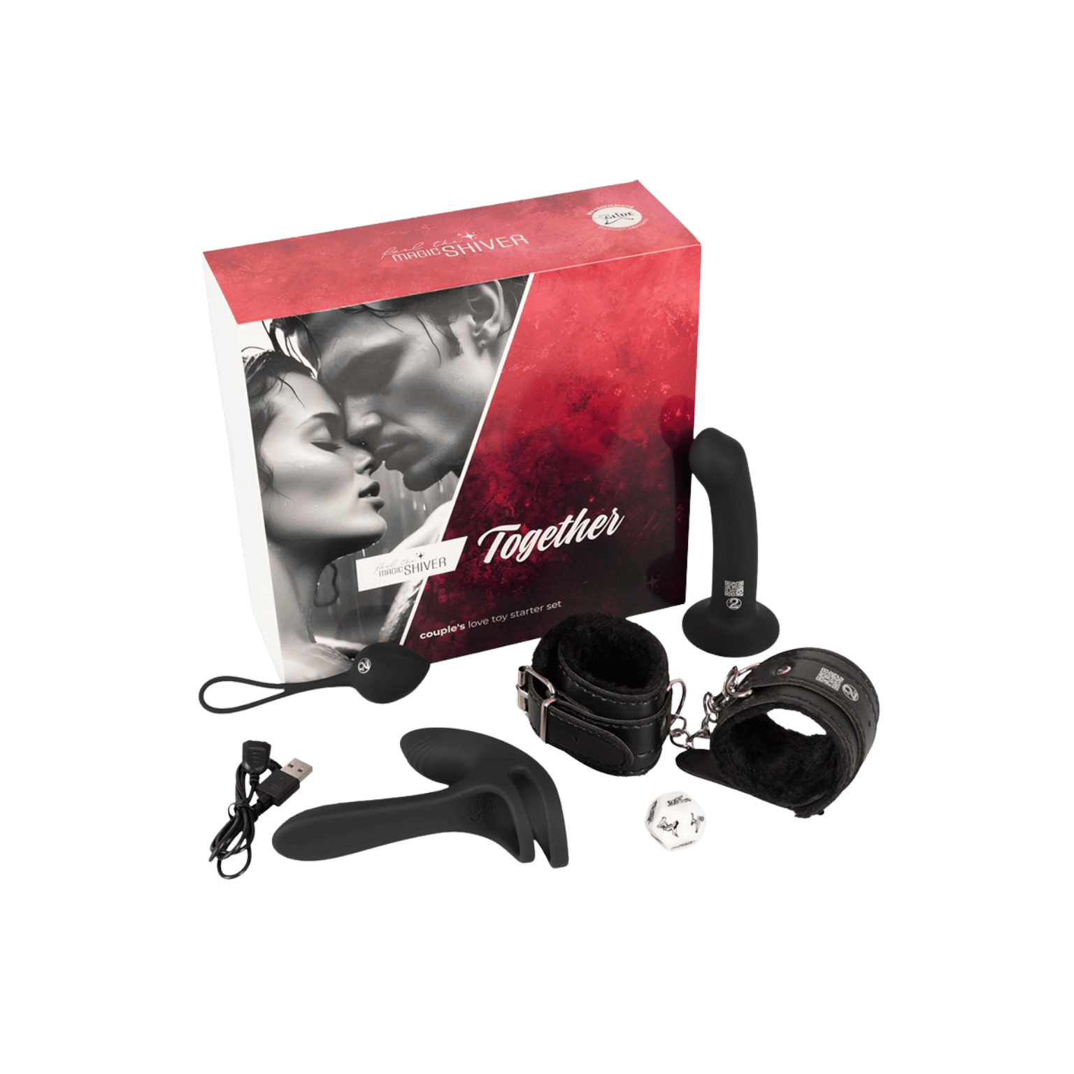 Contenu du coffret Magic Shiver Together : sextoys, menottes, boule de geisha et dés positions – set pour couples