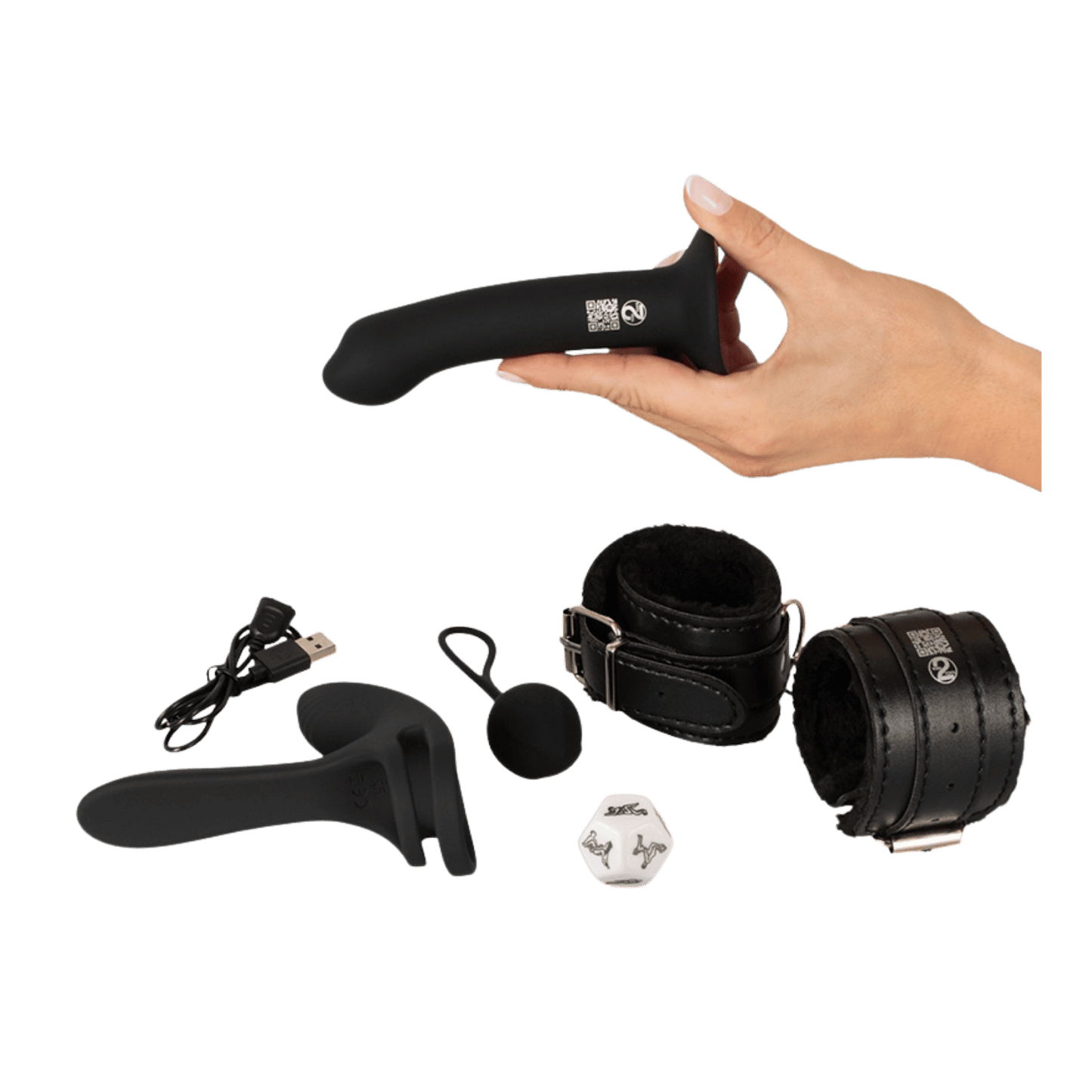 Ensemble complet Magic Shiver : vibromasseur, dildo ventouse, menottes, love ball et dés positions