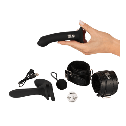 Ensemble complet Magic Shiver : vibromasseur, dildo ventouse, menottes, love ball et dés positions