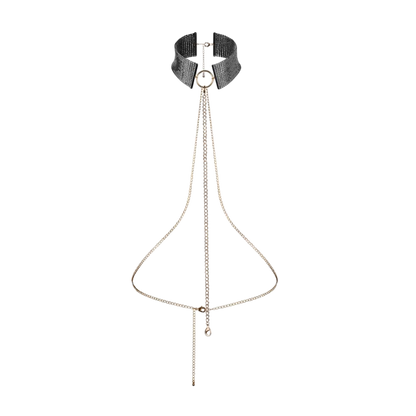 Collier Desir Metallique noir en maille metallique avec anneau et harnais de chaines dorees, sur fond blanc - Oh My God'Z