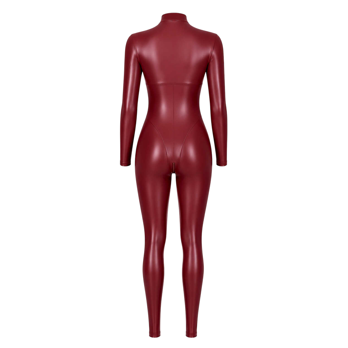 Combinaison integrale bordeaux wetlook vue de dos a plat, coutures sculptantes et col montant - Oh My God'Z